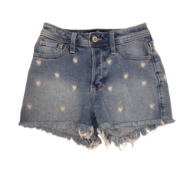 Hollister Denim Jean Shorts Flower Embroidered Frayed Hem Casual Cute‎ 00 - Picture 1 of 10